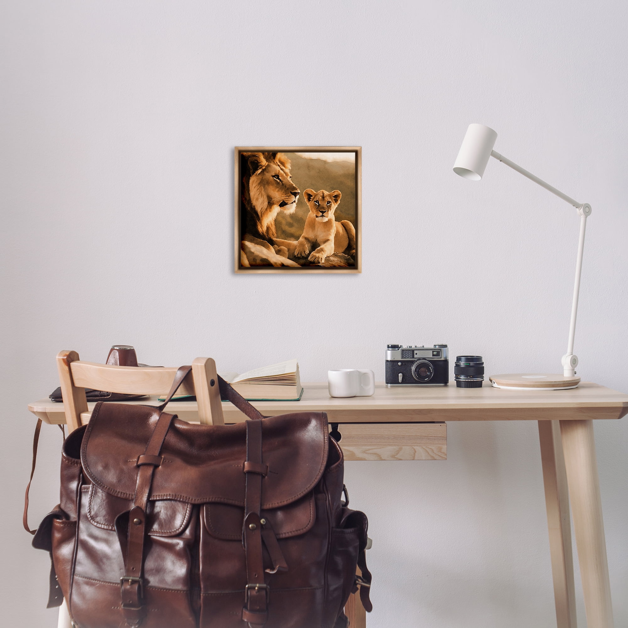 Stupell Industries Lion & Cub Portrait Animals Painting Brown Floater Framed Canvas Art Print Wall Art, 18 x 18