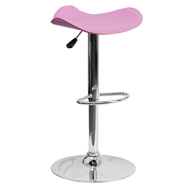 Contemporary Pink Vinyl Adjustable Height Barstool with Wavy Seat and Chrome Base