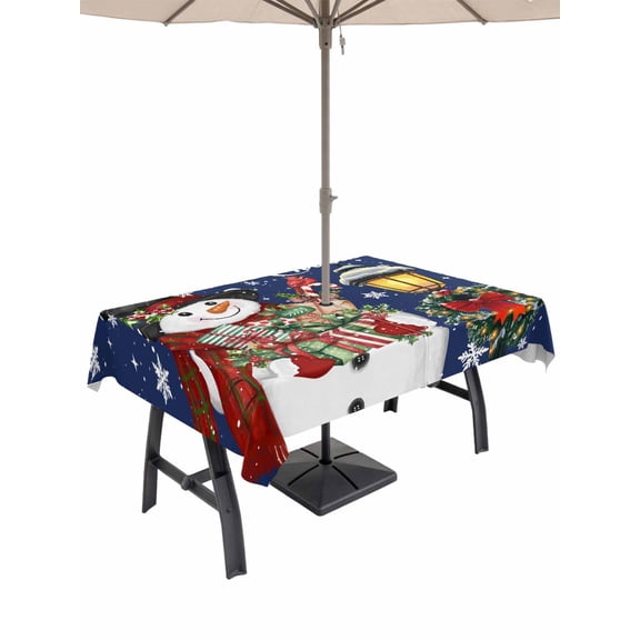 Outdoor Tablecloth with Umbrella Hole and Zipper, Blue Snowman Christmas Rectangle Table Cloth 52x70 Inch Waterproof Tablecloth, Xmas Snowflake Botanical Picnic Table Cover for Patio Camping
