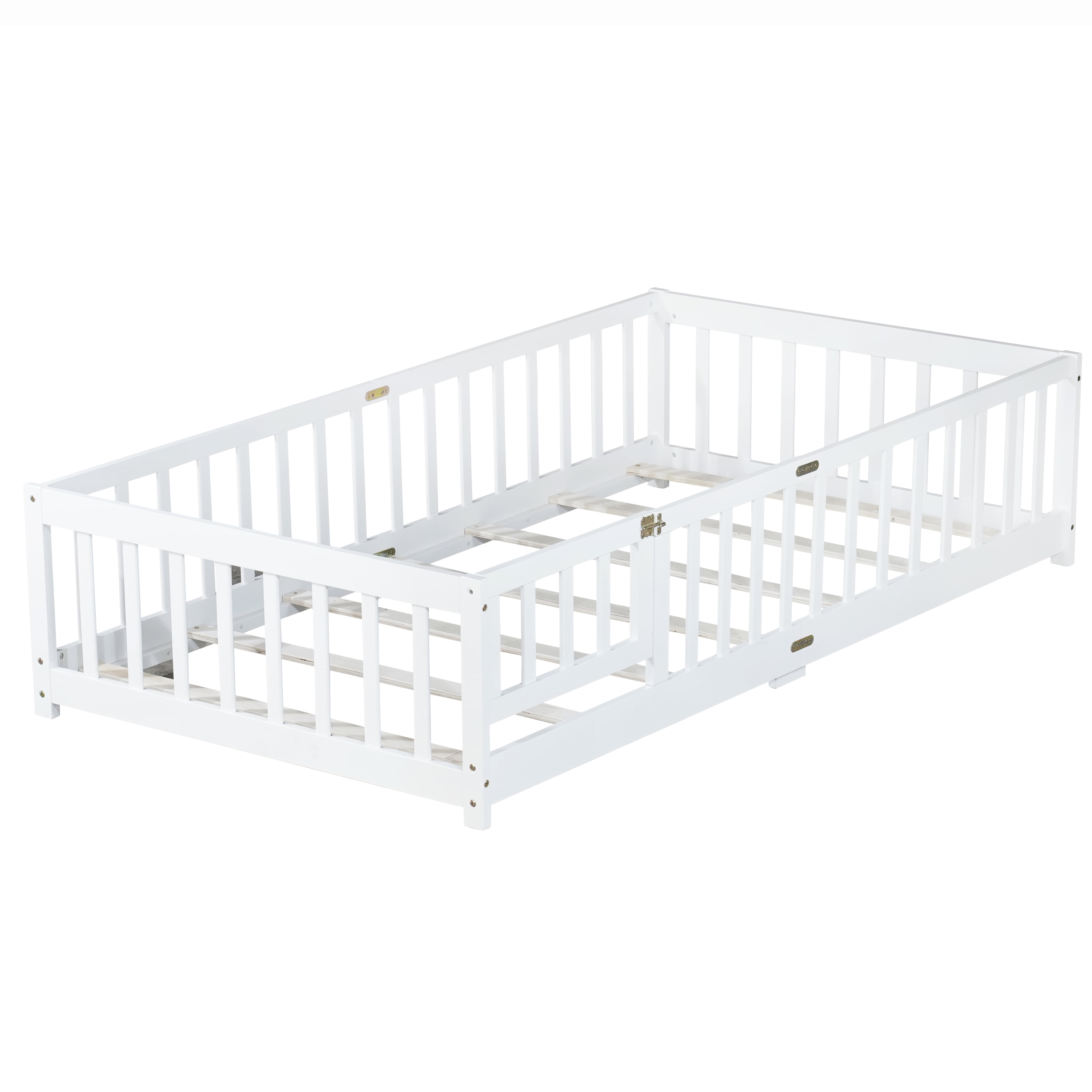 Miniyam Wood Twin Size Floor Bed Guardrails for Kids, White