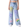 thumbnail image 6 of EnJoCho Girls Baggy Ripped Jeans Artistic Graphic Streetwear Trousers Cute Aesthetic Print Denim Pants Y2𝗄 Wide Leg Boyfriend Jeans Girls Barrel Leg Jeans for Teens, 6 of 9