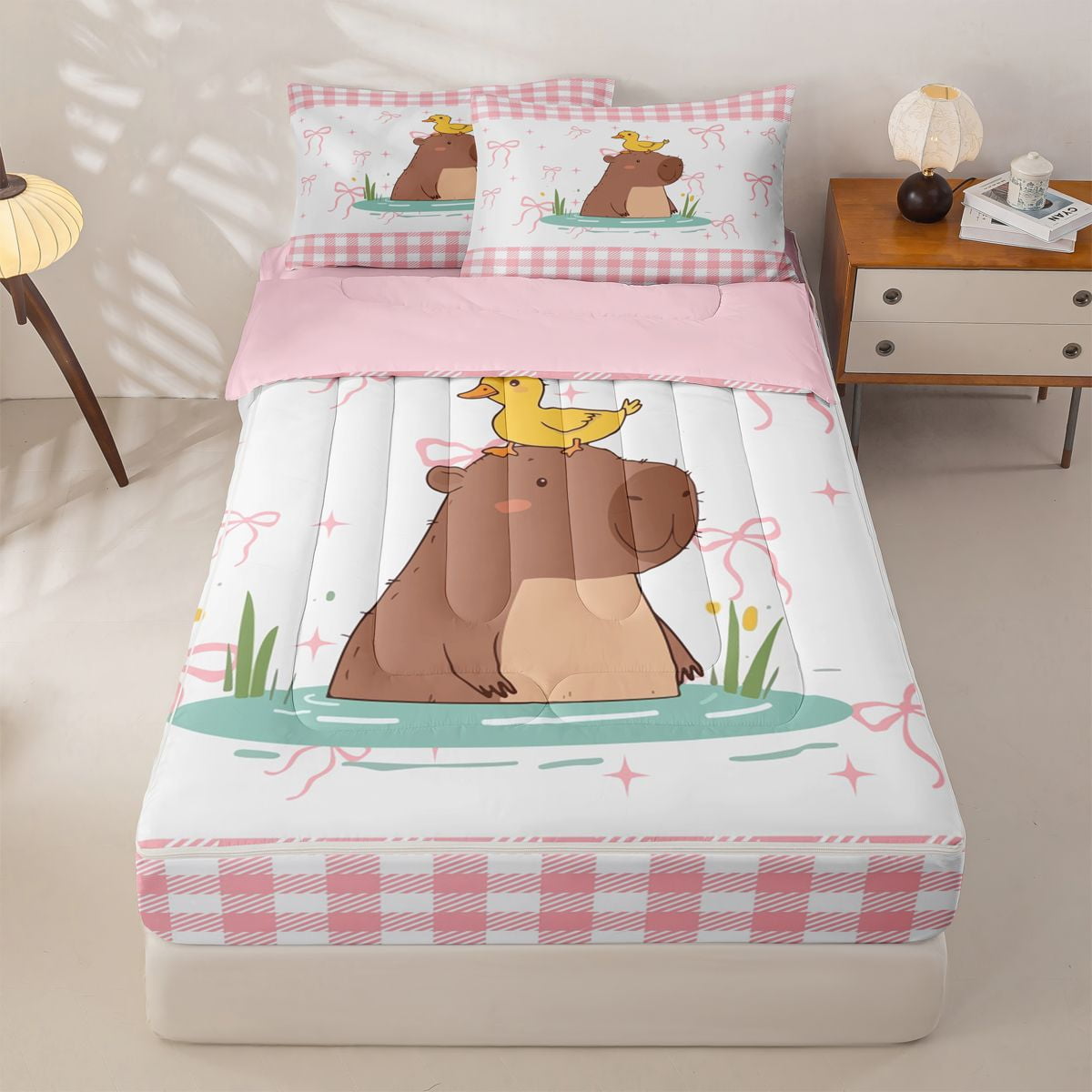 Homewish Kids Cute Capybara Zipper Full Size Comforter Sets with Fitted Sheet and 2 Pillowcases Pink Bow Buffalo Zipper Bedding Set Pink Reversible 4-Piece