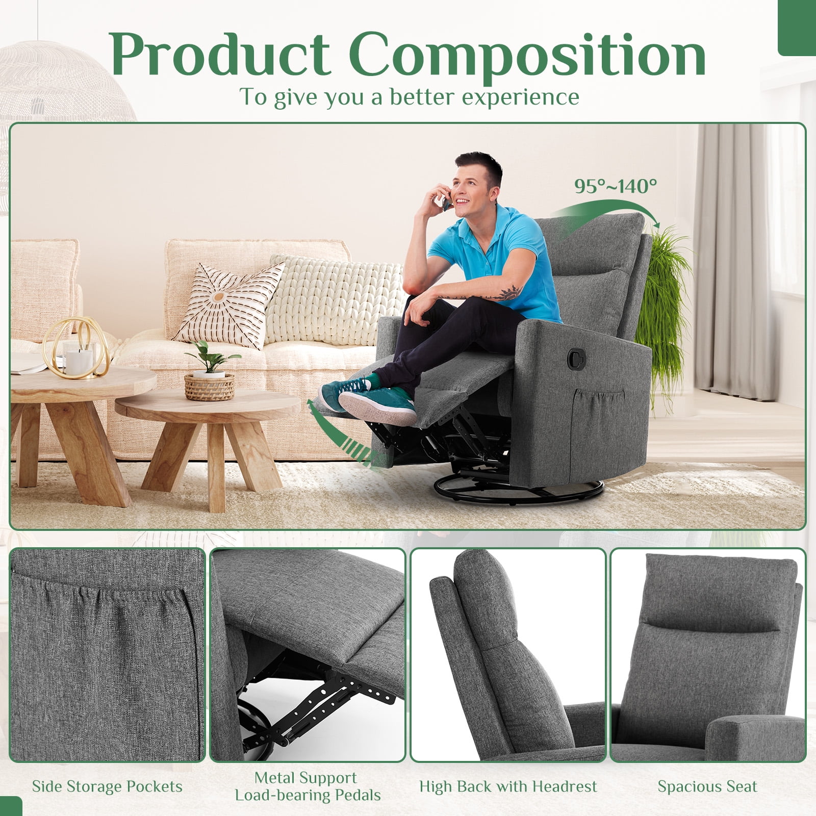 Gianna Swivel Recliner Chair, Living Room Glider Rocker Recliners, Nursery Massage Rocking Chairs