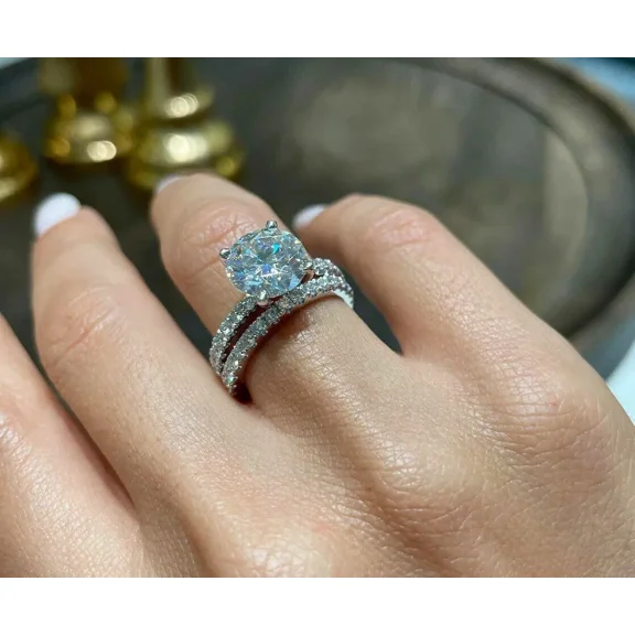 4Ct Round Cut Moissanite Bridal Set Engagement Ring 14K White Gold Plated