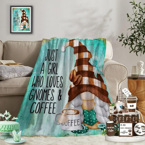 Coffee Gnome Blanket, Gnomes Gifts for Women, Birthday Gifts for Wife, Girls, Sister, Best Friend, Mom,Daughter, Soft Fuzzy Fall Throw Blanket for Sofa, Couch, Bed, 50x60 Inches