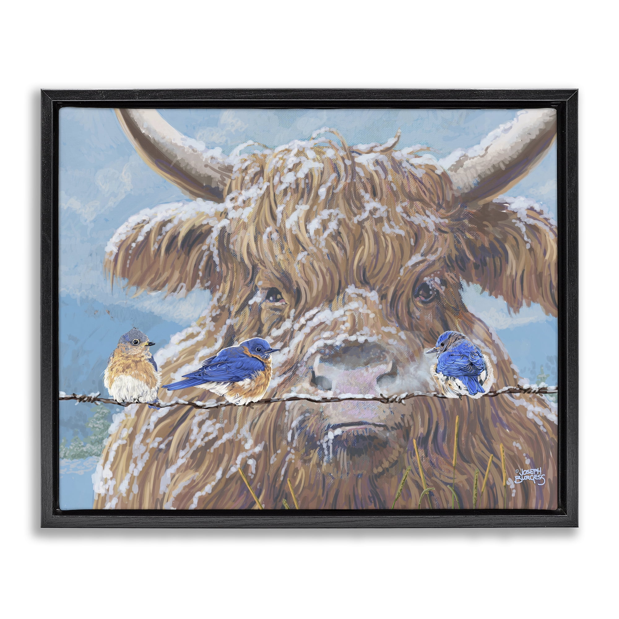 Stupell Industries Winter Blues & Friend Animals Painting Black Floater Framed Canvas Art Print Wall Art, 21 x 17