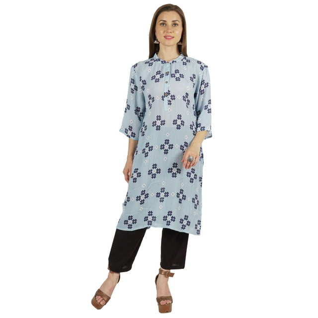 Moomaya Kurti Imprimée pour Femmes Manches 3/4 Col Mandarin Kurta Droite Tunique d'Été Douce