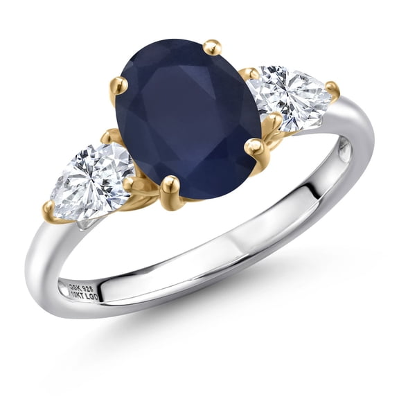 3.00 Cttw Blue Sapphire and White Moissanite Engagement Ring for Women | 925 Silver and 10K Yellow Gold | Oval 9X7MM | Three Stone Wedding Engagement Anniversary Ring for Women | Size 6