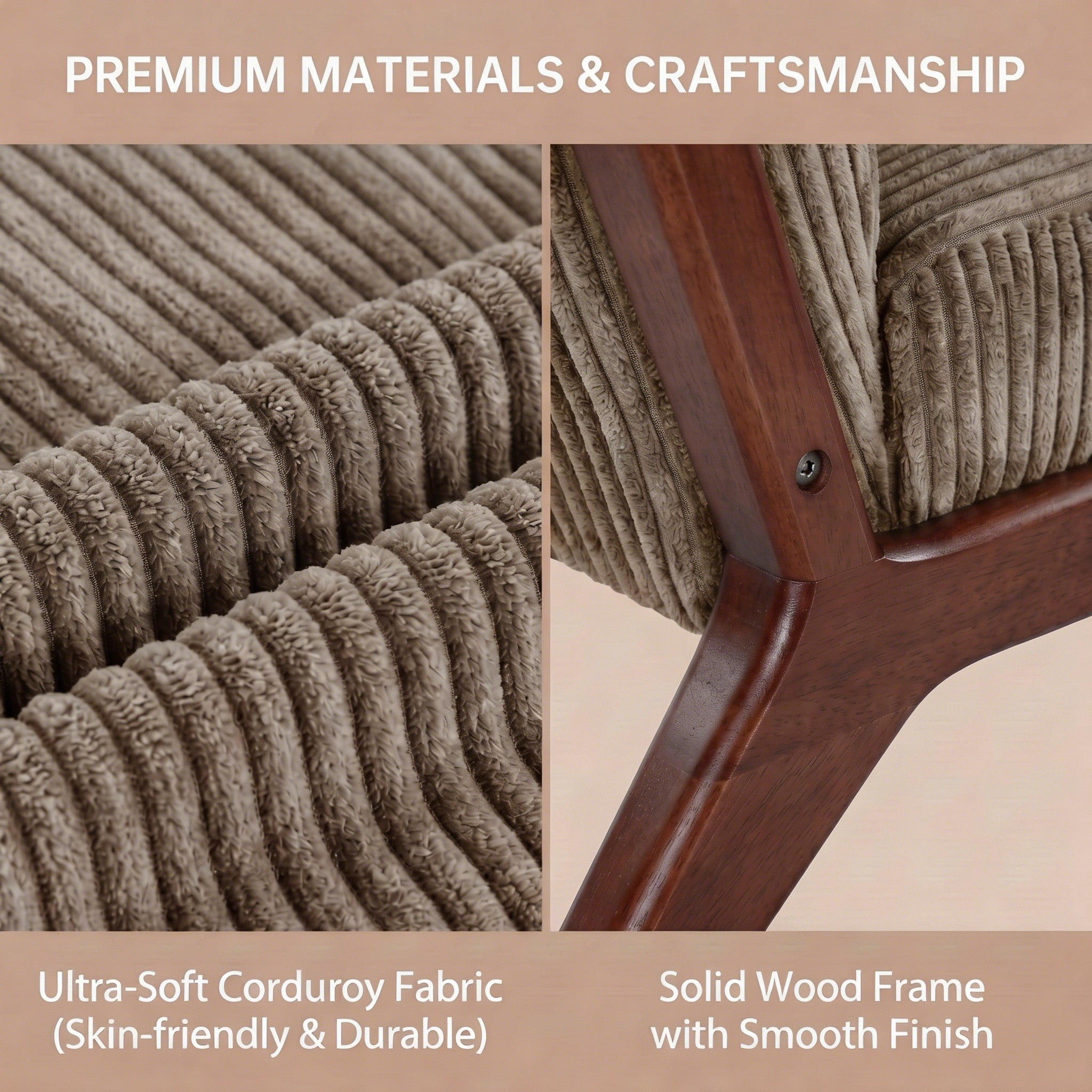 Mid-Century Modern Corduroy Accent Chair with Solid Wood Frame & Lumbar Pillow, Camel