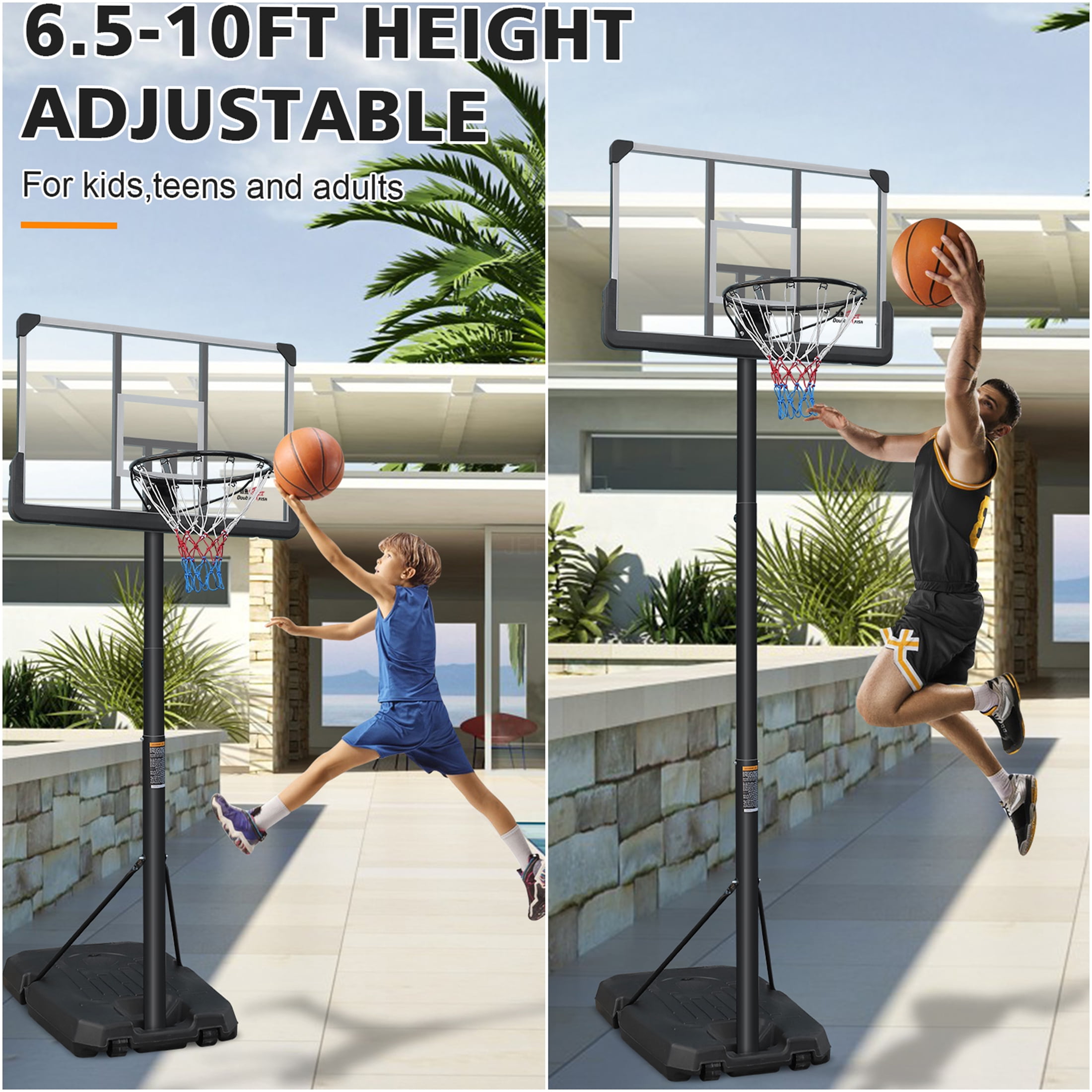JERFIT Adjustable Basketball Hoop with Portable Wheels, 6.5-10FT Height Adjustment, 44" Backboard & Stable Base for Indoor Outdoor Play for Youth Adults