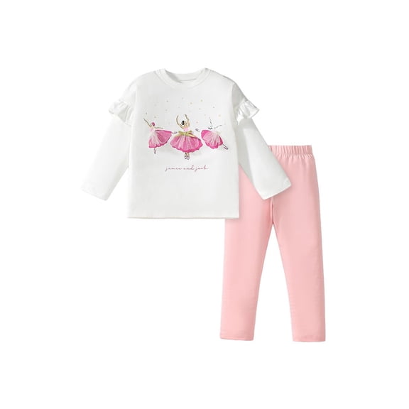 TBBCWWQY Girls Toddler Outfits Set Ballerina Dancers Cotton White Long Sleeve Shirt With Pink Leggings 2 Pieces Sets Sizes 3T