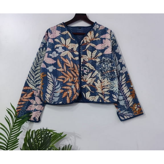 Handmade Blue Floral Block Printed Jacket Cotton Quilted Bomber Upperwear Coat for Women's