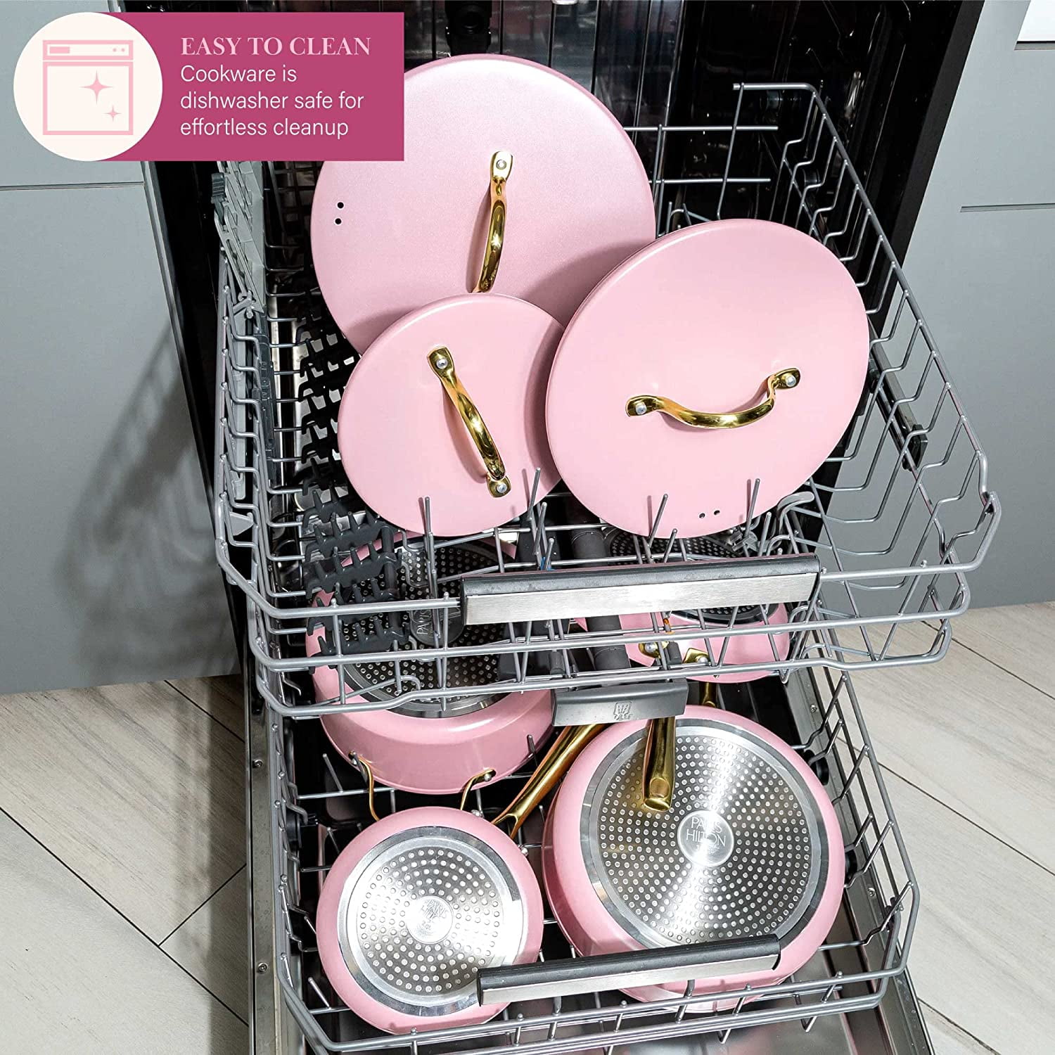 Iconic Nonstick Pots and Pans Set Multi-layer Nonstick Coating Matching  Lids with Gold Handles Made without PFOA Dishwasher Safe Cookware Set  10-Piece Pink 