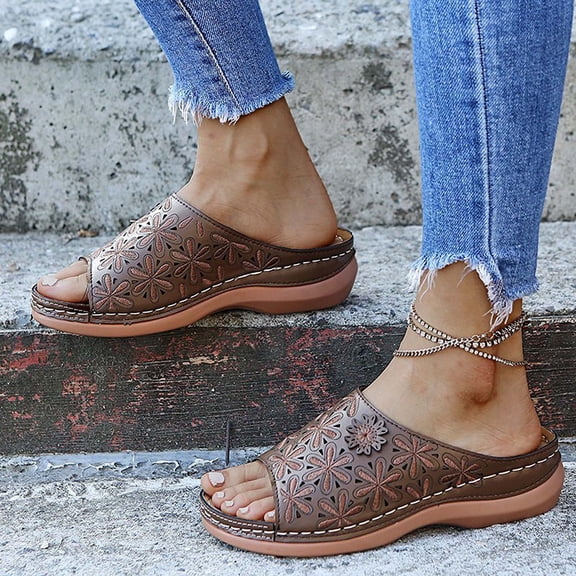 KBODIU Women's Sandals, Women Orthopedic Sandals with Arch Support Embroidered Sandals Casual Footwear Casual Roman Slippers Summer Beach Sandals Wedge Shoes Brown 37
