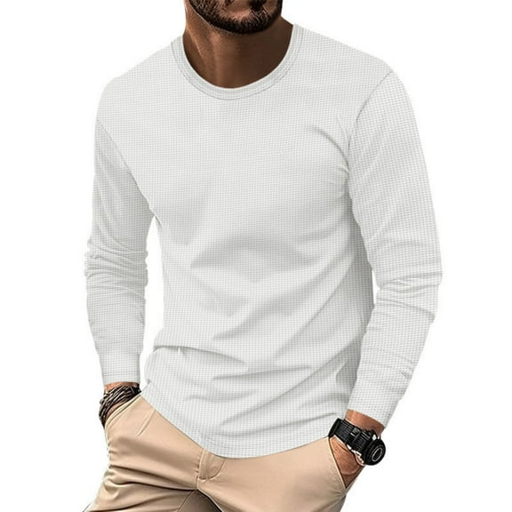Dagegui Waffle Long Sleeve T-Shirts for Men Solid Crewneck Pullover Top Casual Comfy Base Layer Shirt Fall Clothes White S