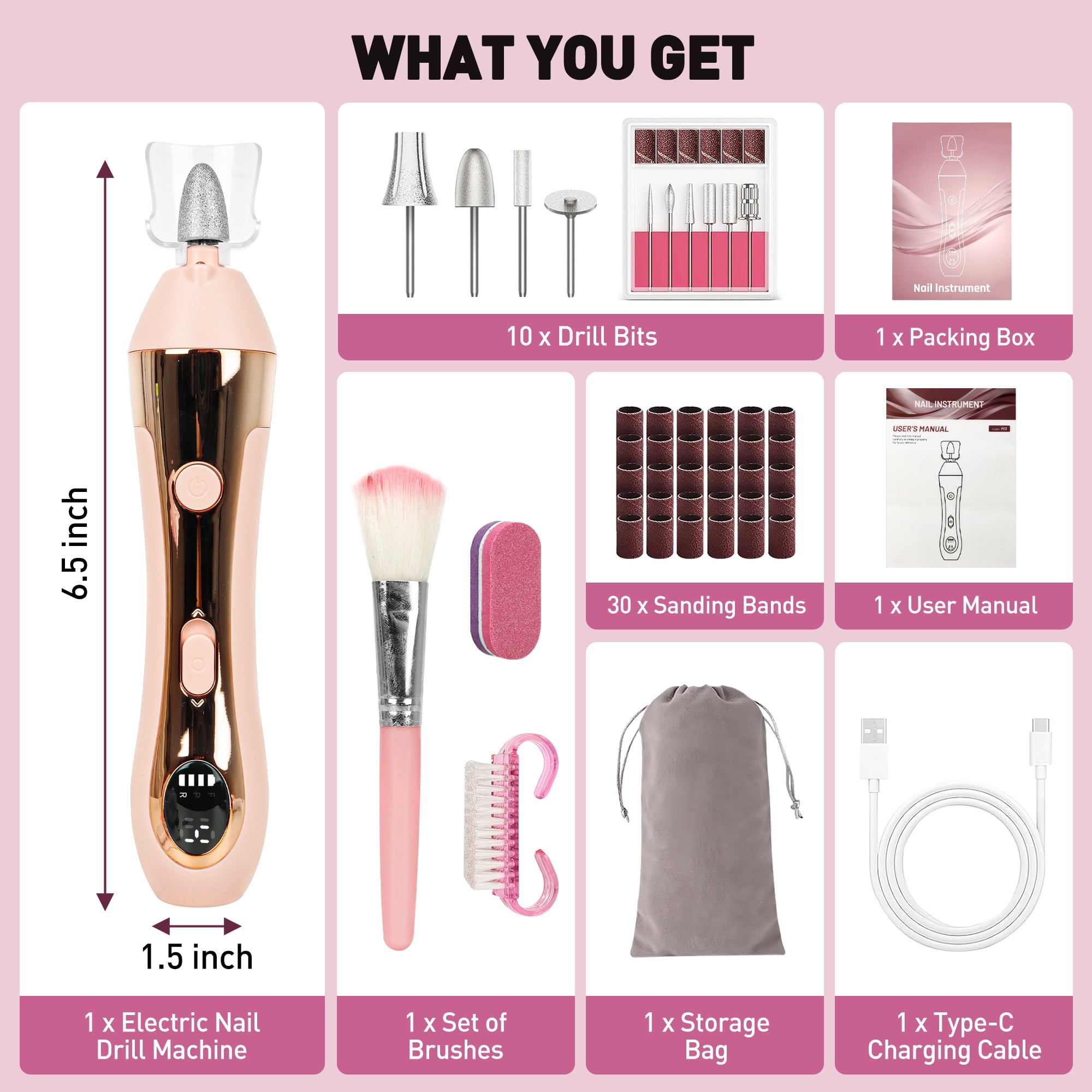 CshidWorld Cordless Electric Nail File, 10-Speed Nail Drill Kit with LED Light, Professional Portable Manicure Pedicure Tool for Thick Nails, Hand & Foot（Pink）