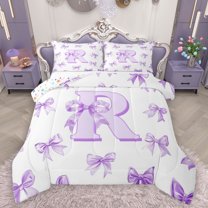 Manfei Cartoon Monogrammed R Full Size Comforter Sets for Teens, Kawaii Princess Bow-tie Bedding Comforter Set, Purple Letter Reversible Bedding Sets, Luxury Bedroom Decor, 3-Piece