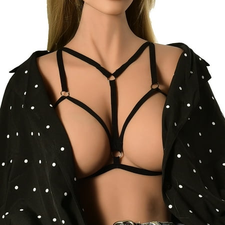 Yuhangmm Sexy Black Harness Body Dress Chain Special Strap Underwear Bra Steel Tube Dancers S0046 Womens Lingerie Corset with Garter And Stockings
