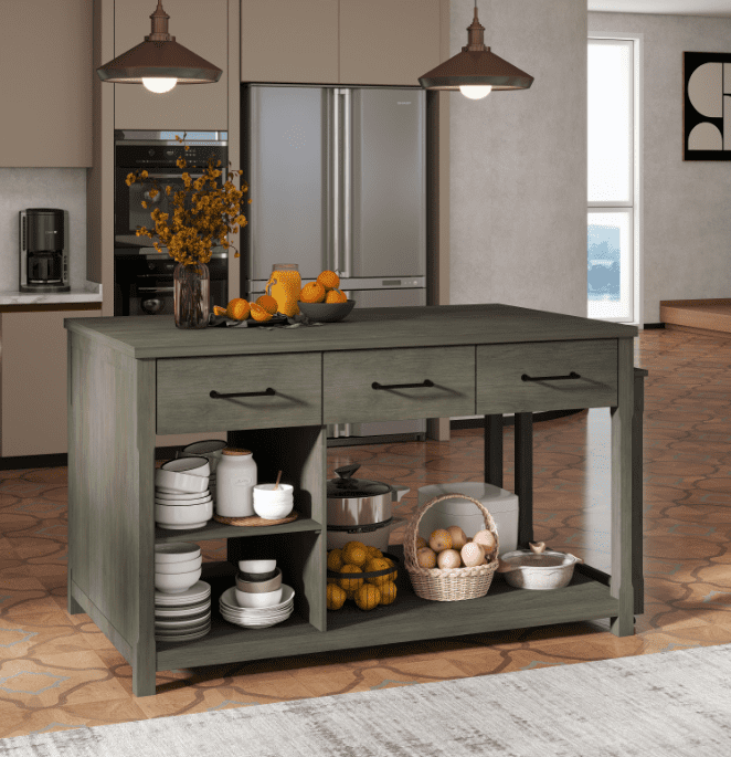 Euroco Expandable Retro Kitchen Island with Hidden Countertop Extension, Power Outlets & USB Ports – 3 Drawers, Open Shelves, Solid Wood Frame
