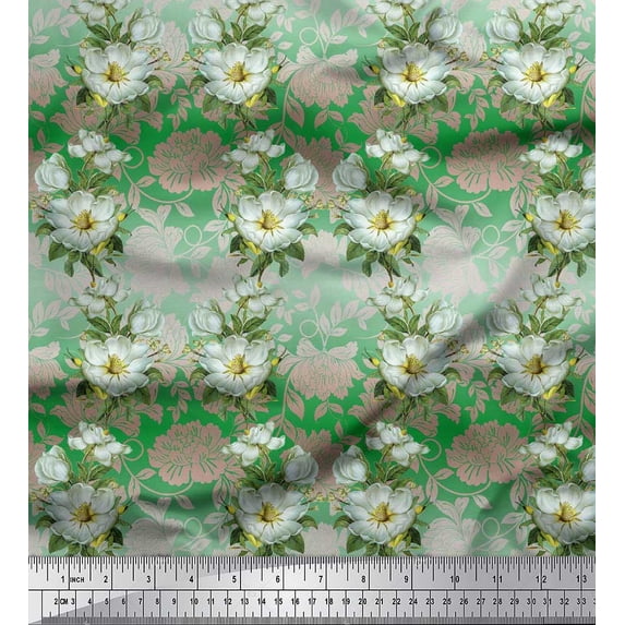 Soimoi Satin Silk Fabric Leaves & Magnolia Floral Fabric Prints by Yard 42 Inch Wide