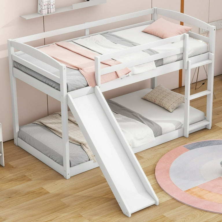 Euroco Twin over Twin Low Bunk Bed with Slide and Ladder for Kids