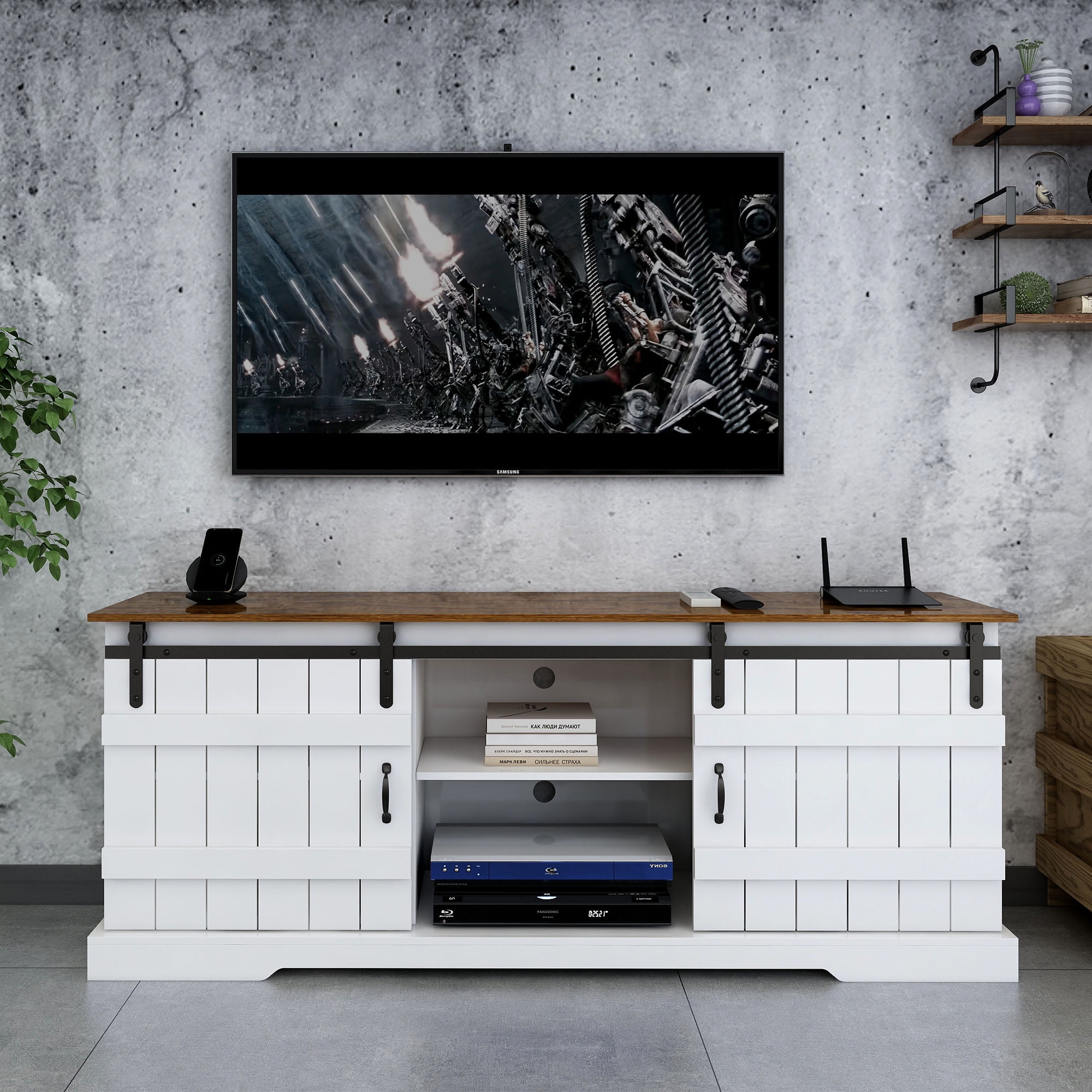 HIUU Modern Barn Door TV Stand with Storage,Tall TV Stand for Living Room,White TV Stand,70inch