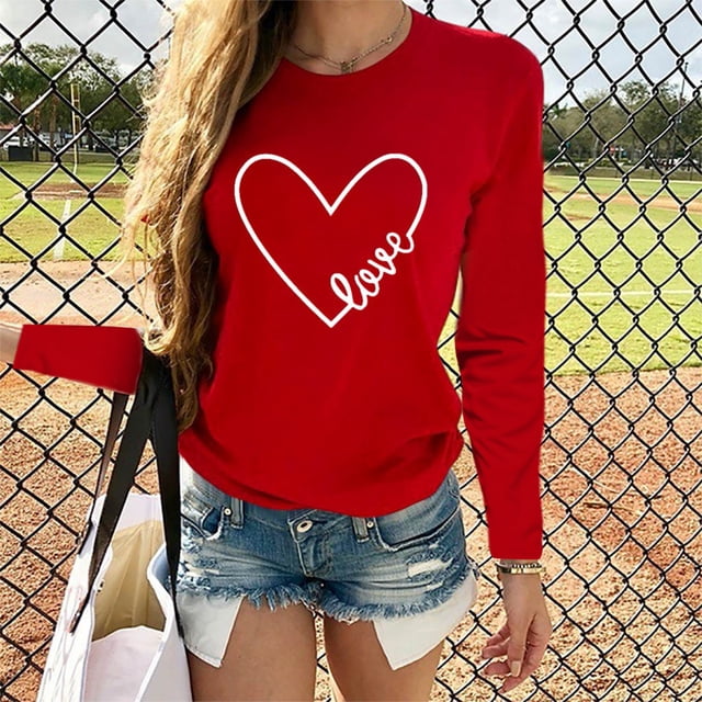 iTNHFP T-Shirt pour Femmes T-Shirt Col Rond Décontracté Imprimé Lettre Manches Longues en Forme de Cœur Blouse pour Femmes