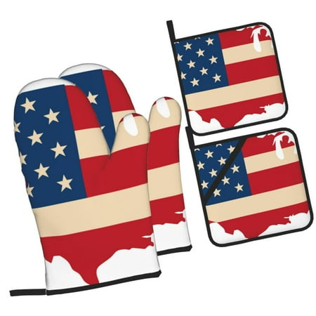 

Haiem American Flag Map Print Extra Long Oven Mitts and Pot Holders 4pc Sets: Heat Resistant Silicone Oven Mittens with Mini Oven Gloves and Hot Pads Potholders