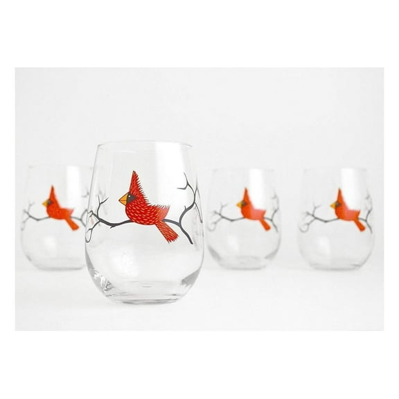 Arts Cardinal Wine Glasses - Set of 4 Stemless Christmas Glasses, Holiday Hosting, Red Bird Glassware