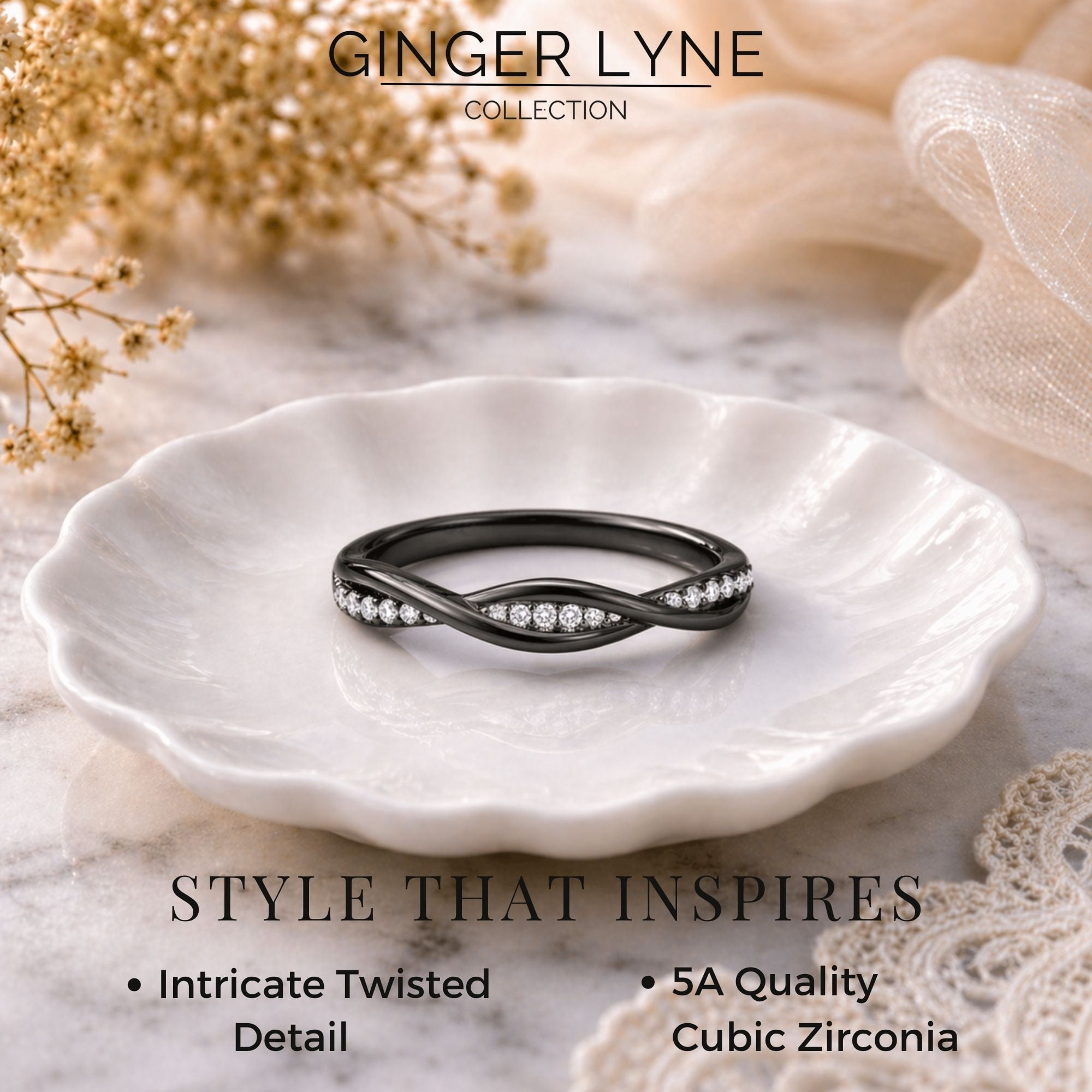 Queena Sterling Silver Black Wedding Band for Women Half Eternity Cz Anniversary Ring by Ginger Lyne Collection