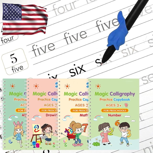 Magic Grooved Writing Practice - 4 libros de trabajo de Trace Trek en inglés para niños de 3 a 5, libro de práctica de rastreo pre K, escritura reutilizable sin lágrimas, 4 libros de texto que