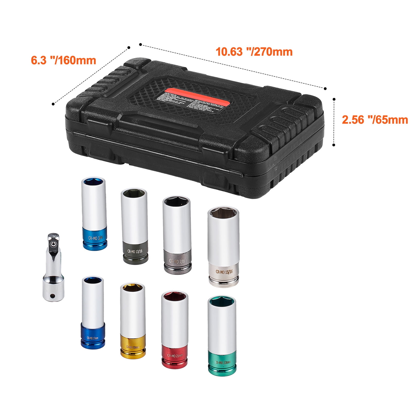 KFFKFF Impact Socket Set for Lug Nuts, 1/2 inch Drive, Metric & SAE, 6-Point, Deep, 8 Sizes, CR-MO Steel, Includes Case & Extension, Auto Repair
