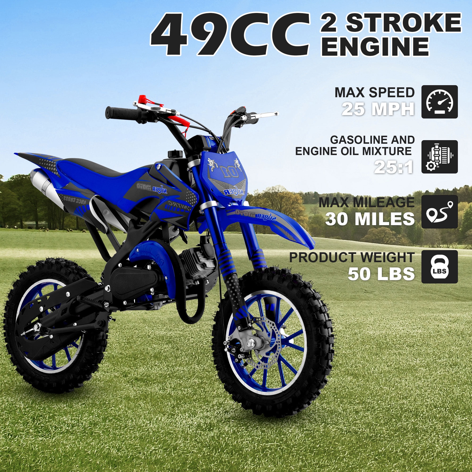 Gpower Gasoline 49cc Dirt Bike for Kids 6-15,2-Stroke Gas Power Mini Dirt Bike,1-Seater,Blue