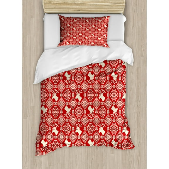 Nordic Duvet Cover Set Twin Size, Traditional Northern Culture Pattern with Reindeer Snowflake and Floral Arrangement, Decorative 2 Piece Bedding Set with 1 Pillow Sham, Red Beige, by Ambesonne