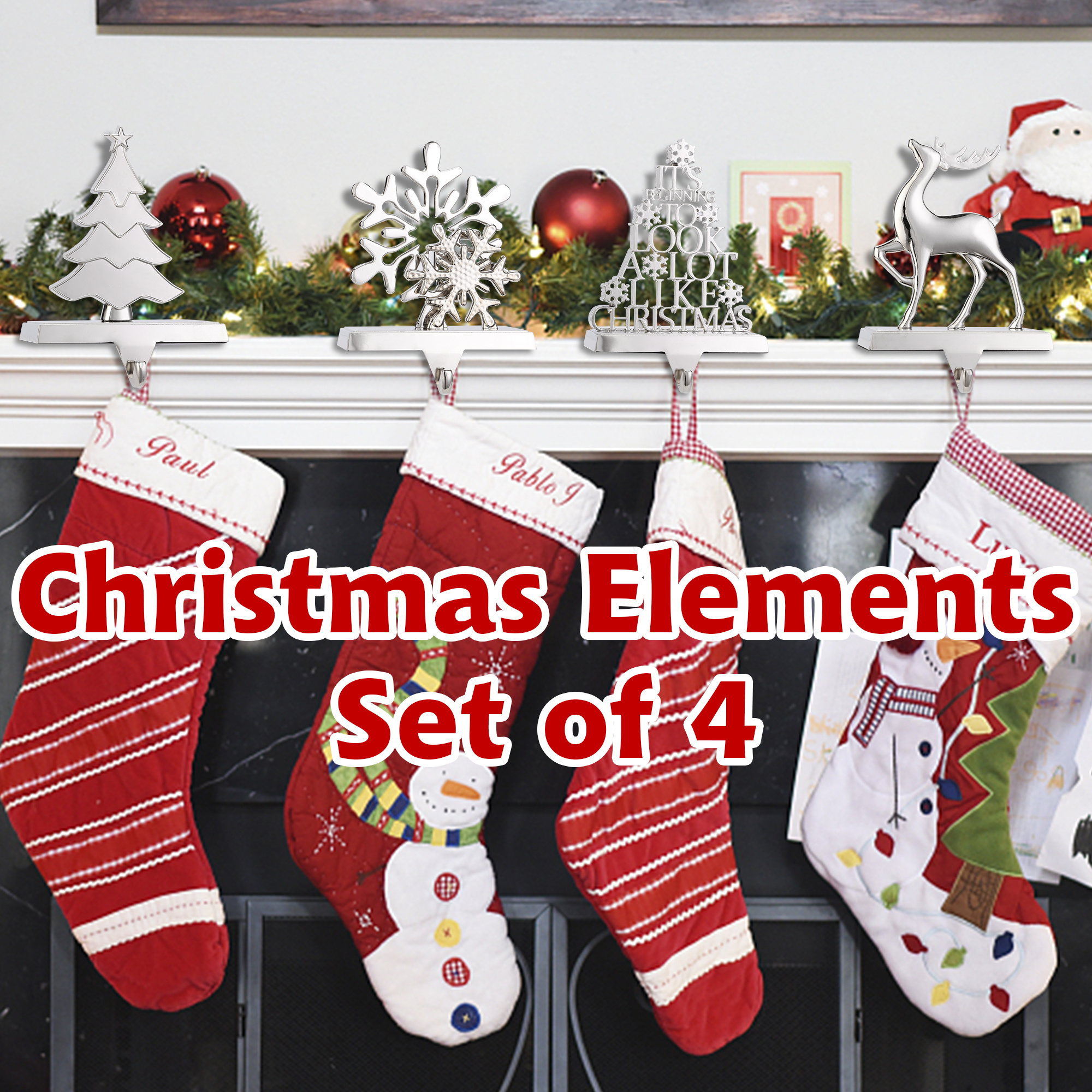 Metal Christmas Stocking Holder for Fireplace Mantle Set 4, Heavy for