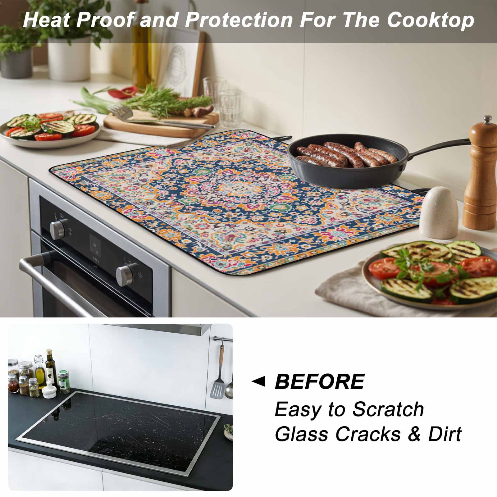 Boho Blue Yellow Stove Top Cover for Electric Stove, Heat-proof & Non Slip Glass Top Stove Cover Protector, Ethnic Vintage Mexican Flowers Southwestern Kitchen Flat Cooktop Rubber Mat 24x21 Inches