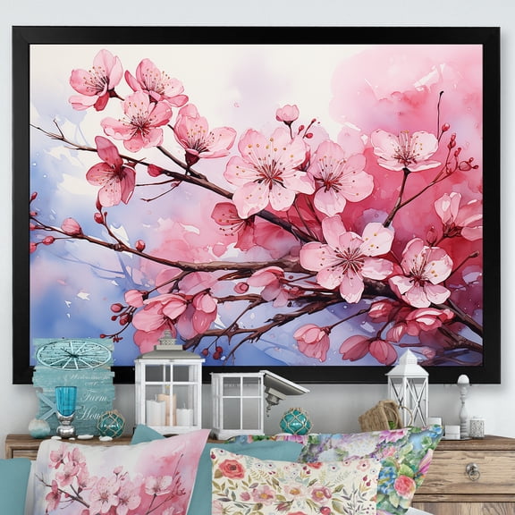 Designart "Windy Pink Blossom Cherry Tree III" Floral Framed Wall Art Decor - Traditional Pink Cherry Entryway Framed Wall Art