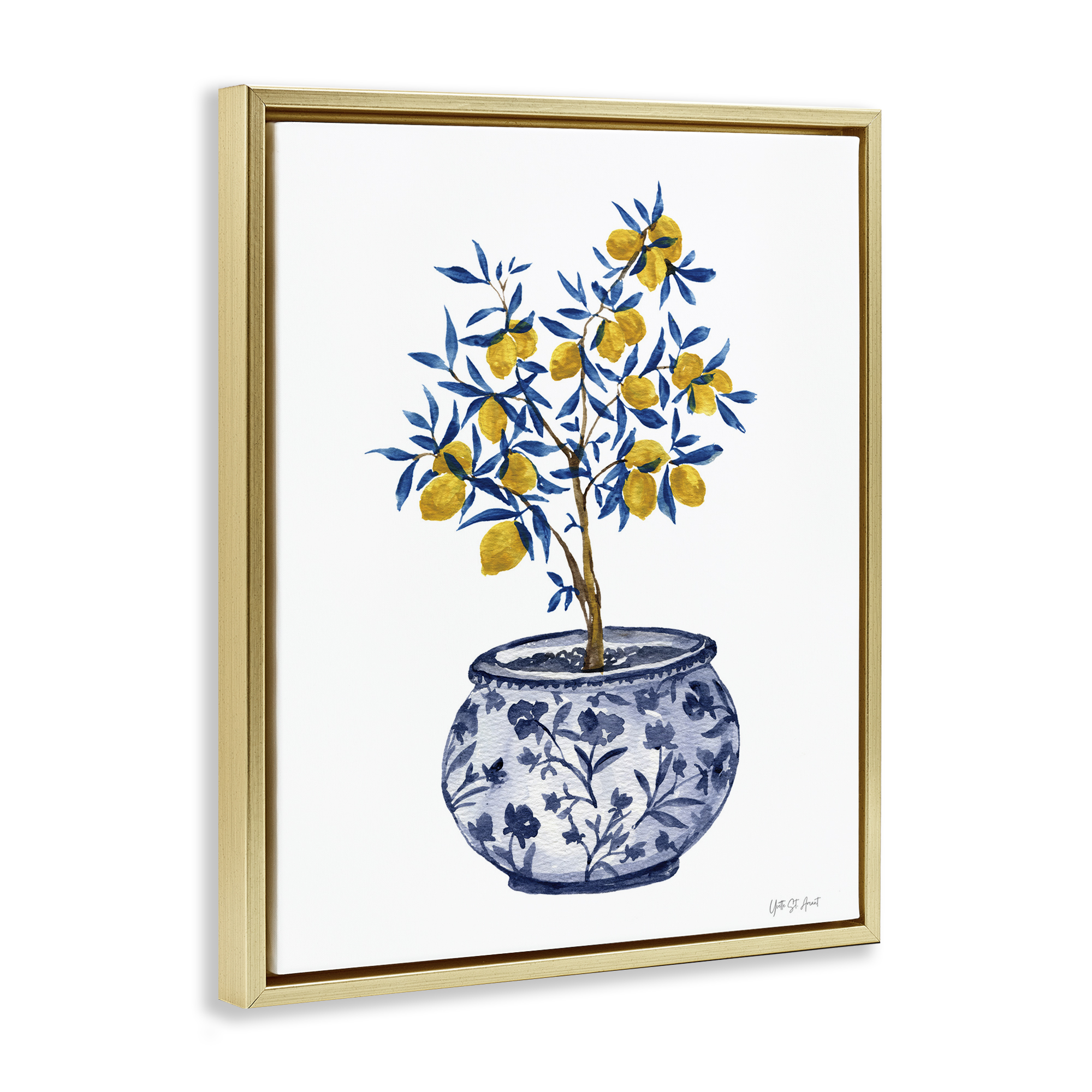 Stupell Industries Lemon Tree in Chinoiserie Food & Beverage Painting Gold Floater Framed Art Print Wall Art, 17 x 21