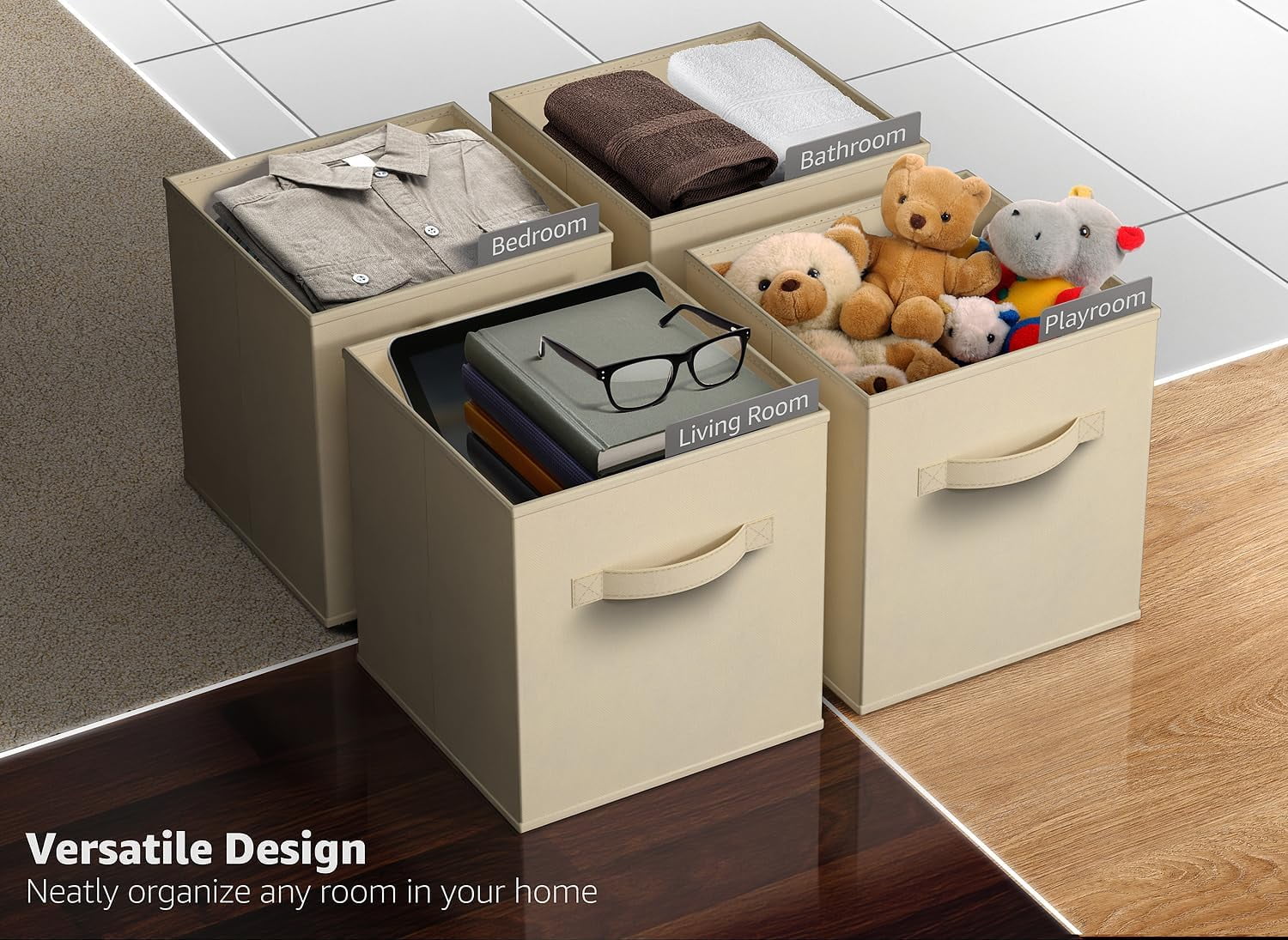 Sorbus 11" Collapsible Fabric Storage Cubes - 6 Foldable Bins with Handles for Clothes, Toys, Books (Beige)