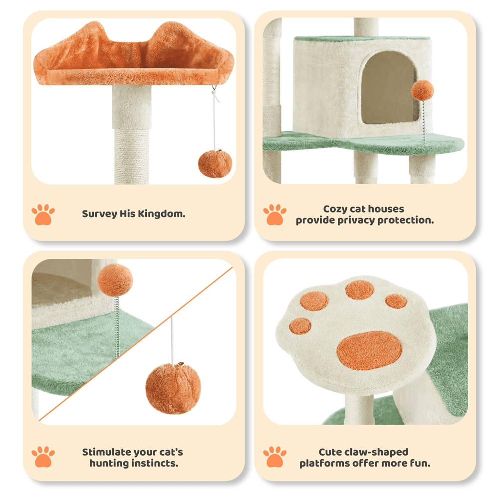 Alden Design 65″ Tall Cat Tree Paw-Shaped Play Tower for Small/Medium Cats, Beige