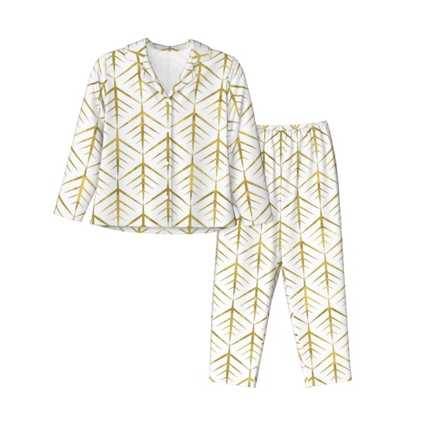 Balery White And Gold Geometry Conjunto de Pijama con Estampado para Mujer, Conjunto de Dos Piezas con Manga Larga, Ropa de Dormir Suave con Bolsillos, Pijamas Cómodos-Medium