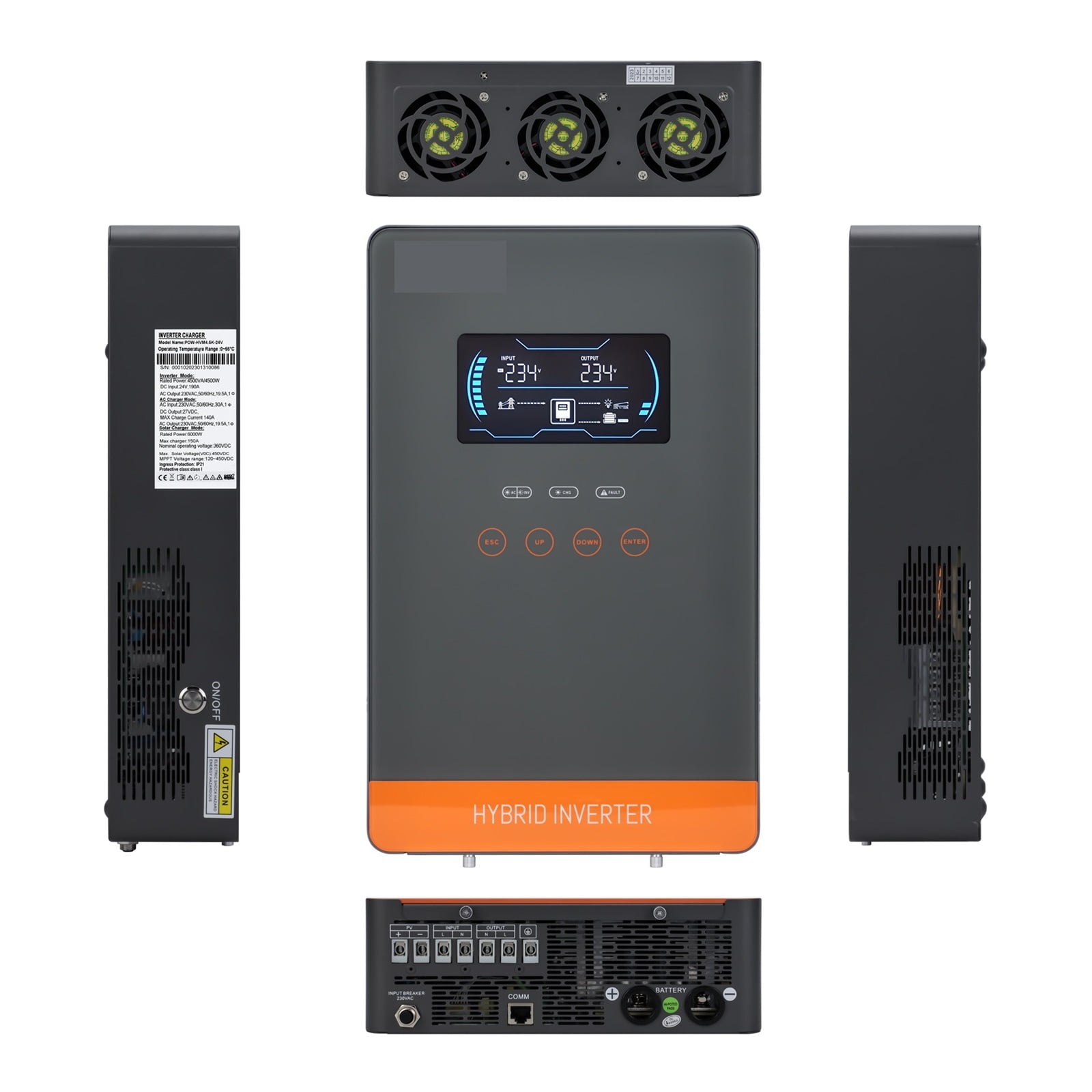 4500W 6500W Hybrid Solar Inverter 24V 48V 230VAC Off Grid Inverter With MPPT 150A Solar Charr 6.25 Inch Touch Button