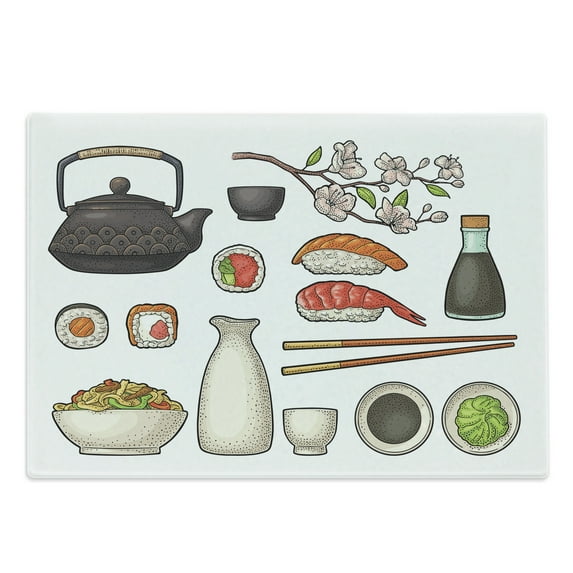 Wasabi Cutting Board, Traditional Japanese Teapot Sushi Chopsticks Noodle Cherry Blossom Sakura, Decorative Tempered Glass Cutting and Serving Board, in 3 Sizes, by Ambesonne