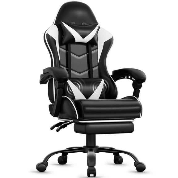 Czlolo Gaming Chair, Lumbar Massager Game Chairs, High Back Reclining, with Headrest Gamer Office Chair.(White)