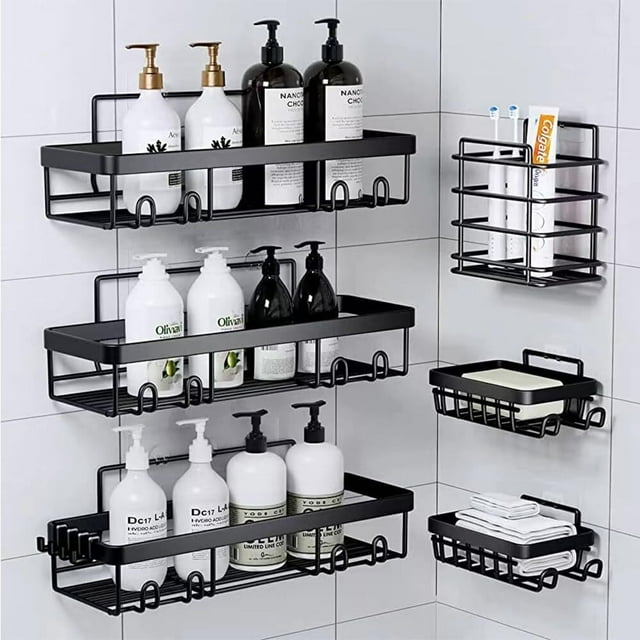 Set de 6 estantes de regadera con adhesivos, Organizador Antioxidante, Sin Taladrar, para Baño, Cocina, Ducha, Hotel e Inodoro (Rectangular Paquete de 6)