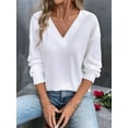 thumbnail image 5 of Womens Waffle Knit Tops Fashion Long Lantern Sleeve Casual Blouses V Neck Oversized T Shirts White M, 5 of 6