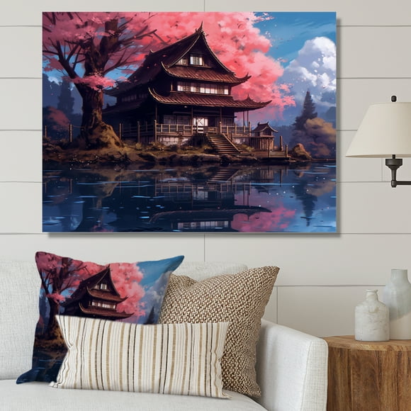 Designart Floral Wall Art, Cherry Blossom At The Samurai Land Japanese Elegance , Floral Large Wall art decor, Pink Traditional Canvas wall art, 44x34 inches