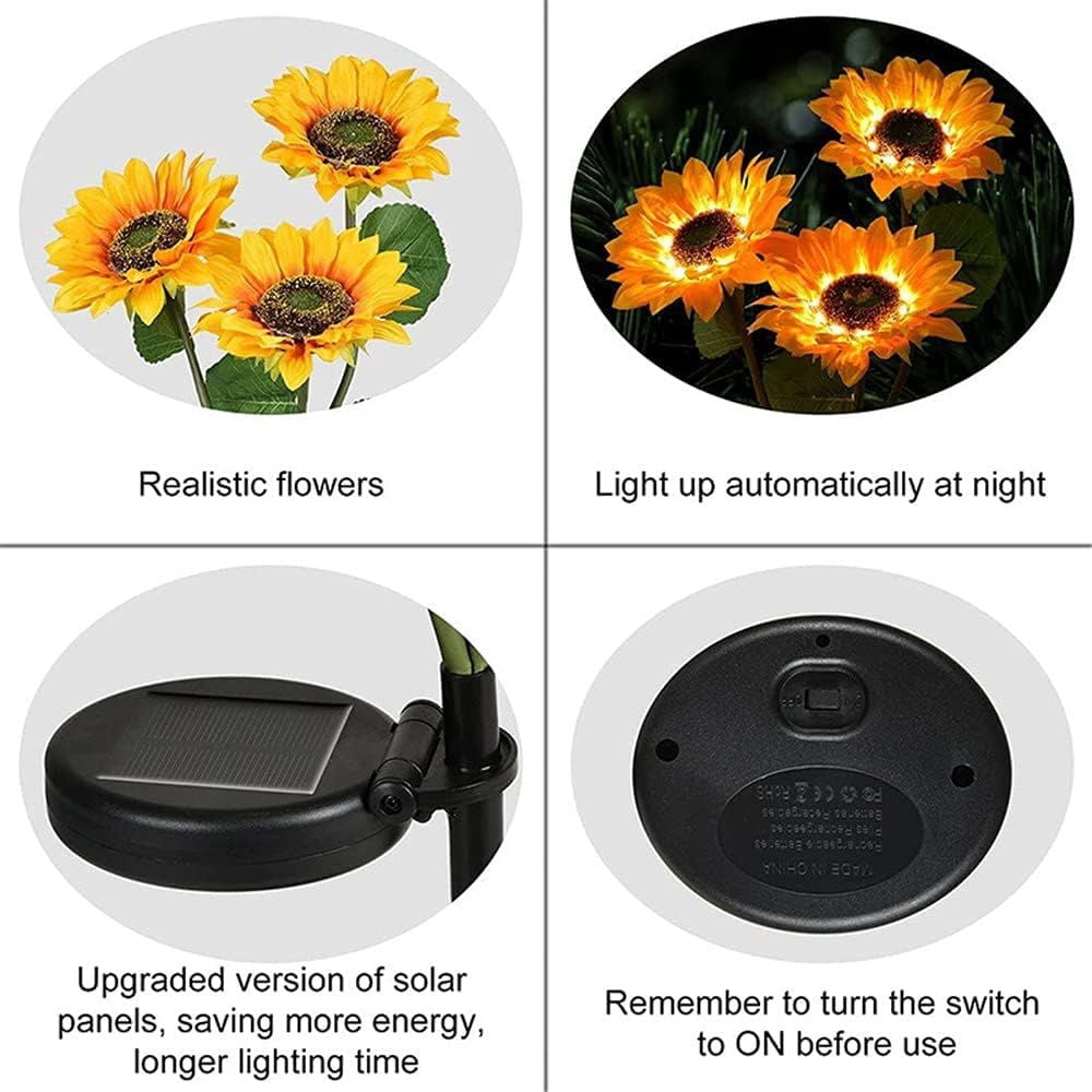 2 Pack Flashing Outdoor Solar Garden Stake Lights,Upgraded LED Solar Powered Light with 3 Heads Sunflower, Waterproof Solar Decorative Lights for Garden, Patio, Backyard
