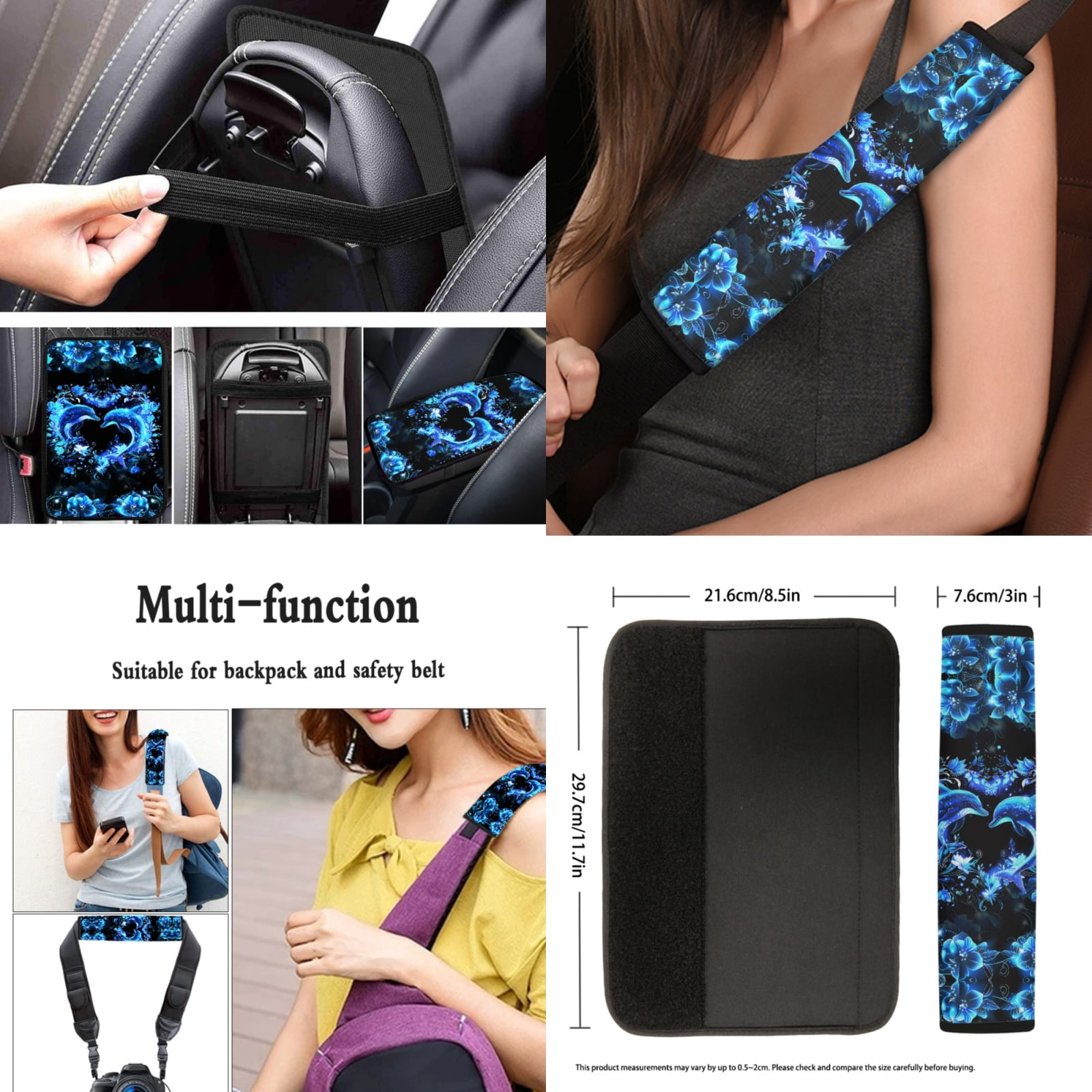 Yuyamidu Cute Dolphin Car Seat Covers Full Set with Steering Wheel Cover Blue Hibiscus Safe Belt Pads Coasters Key Chain Car Center Console Cover, Set of 13