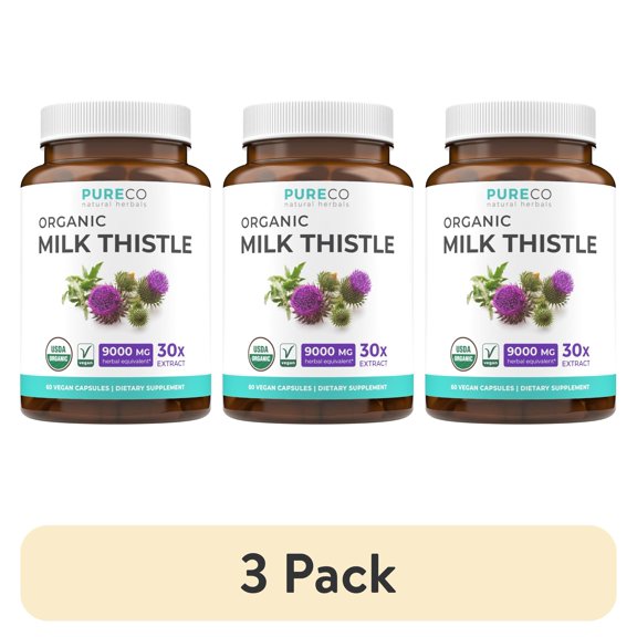 (3 pack) Pure Co Organic Milk Thistle Liver Support Supplement with 80% Silymarin, 60 Capsules